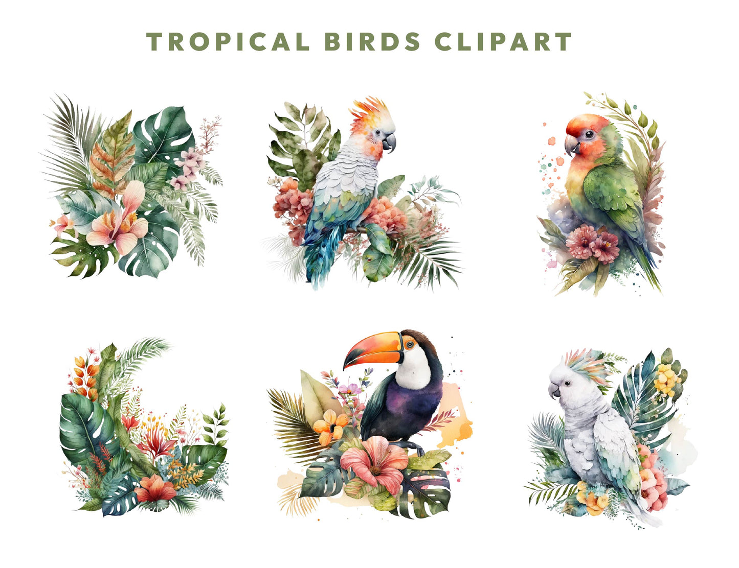 11 Tropical Birds Clipart Bundle, Watercolor Parrots Clipart, Flamingo PNG, Summer Exotic Birds Image, Transparent PNG, Sublimation Design