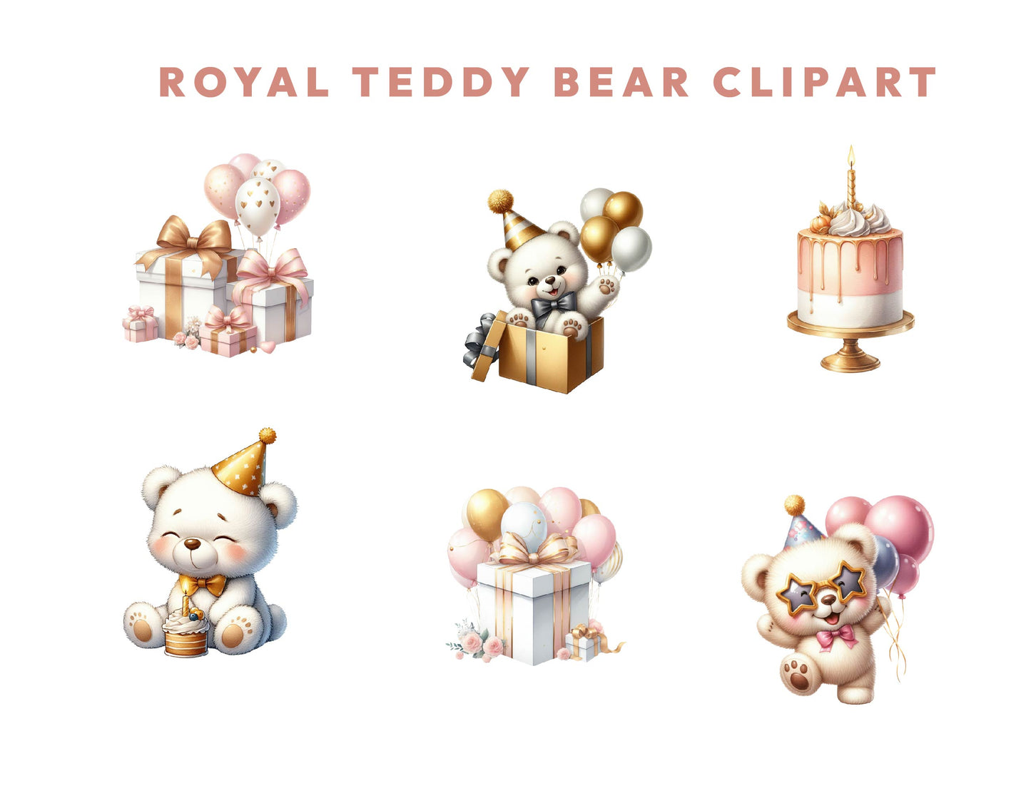 15 Royal Teddy Bear Birthday Clipart PNG Bundle, Birthday Invitation, Cute Baby Bear Illustration, Sublimation Design, Instant Download