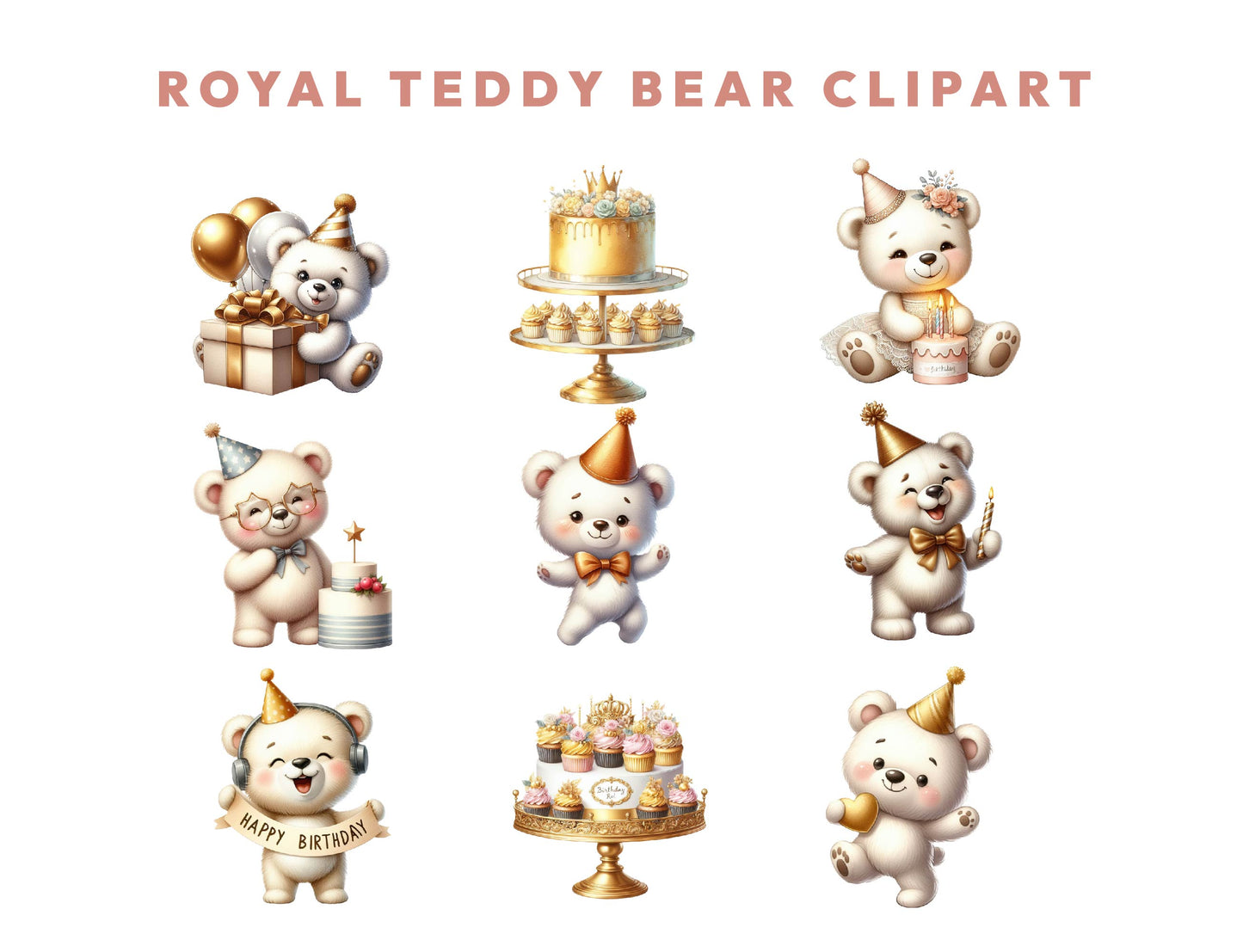 15 Royal Teddy Bear Birthday Clipart PNG Bundle, Birthday Invitation, Cute Baby Bear Illustration, Sublimation Design, Instant Download