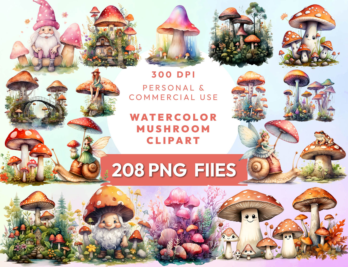 Mushrooms Watercolor Clipart Bundle, 208 PNG Forest Toadstool Graphics, Magical Nature Illustrations, Instant Download, Commercial Use