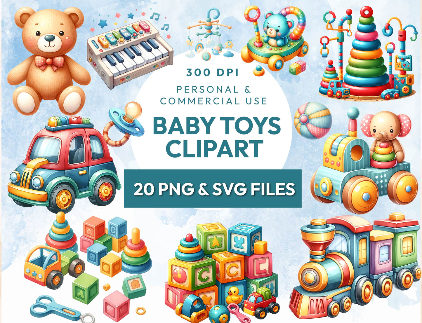 20 Watercolor Baby Toys Clipart SVG and PNG Bundle, Wooden Blocks, Plush Bunny, Nursery Decor, Baby Shower Illustrations Sublimation Designs