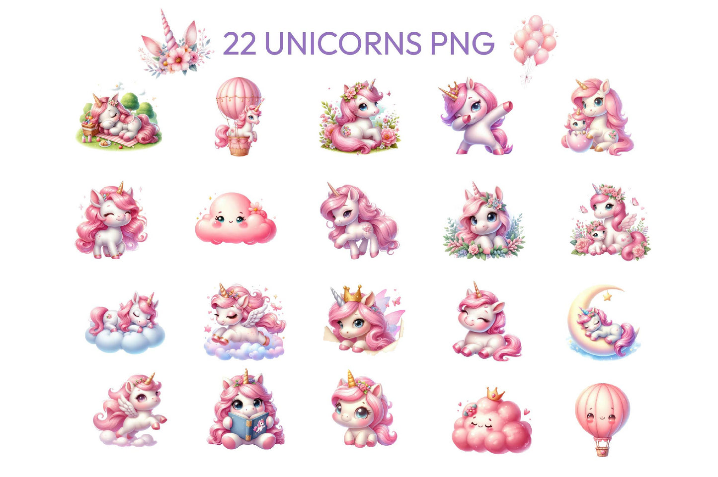 22 Cute Unicorn Clipart, Unicorn Png, Magic Unicorn Clipart, Rainbow Animal Kawaii Unicorn, Cartoon Clip Art Commercial Use Instant Download