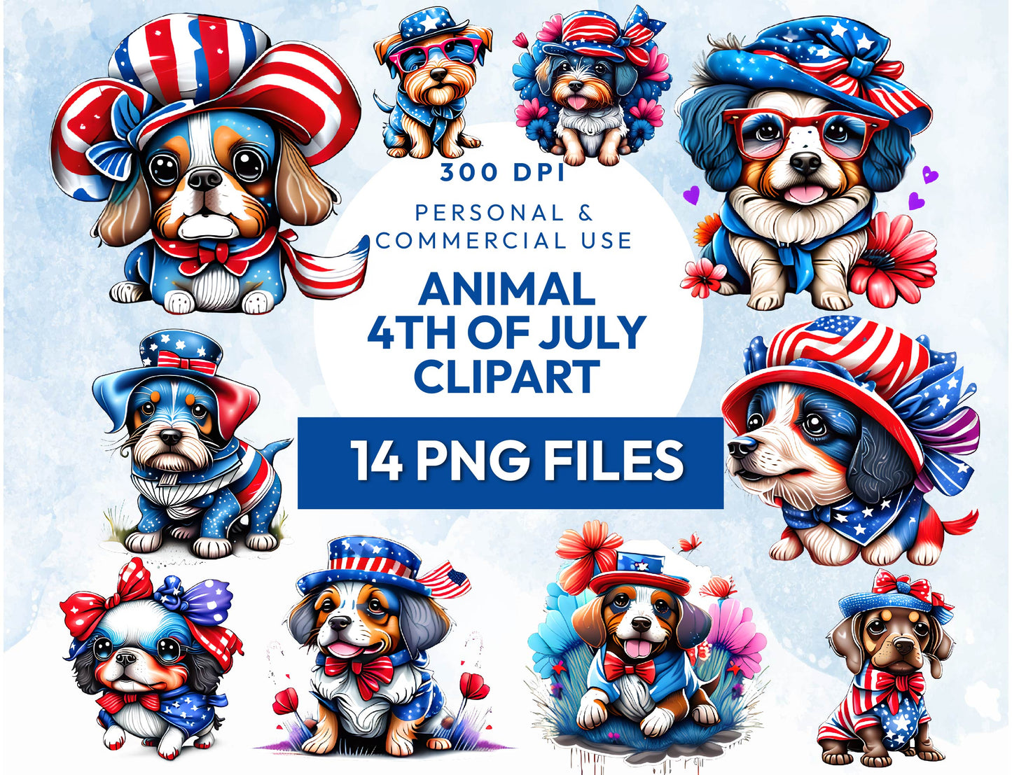 14 Patriotic Dogs 4th of July Watercolor Clipart Bundle, Cute Pet Portrait Animal PNG illustrations, US Flag Instant download Commercial use