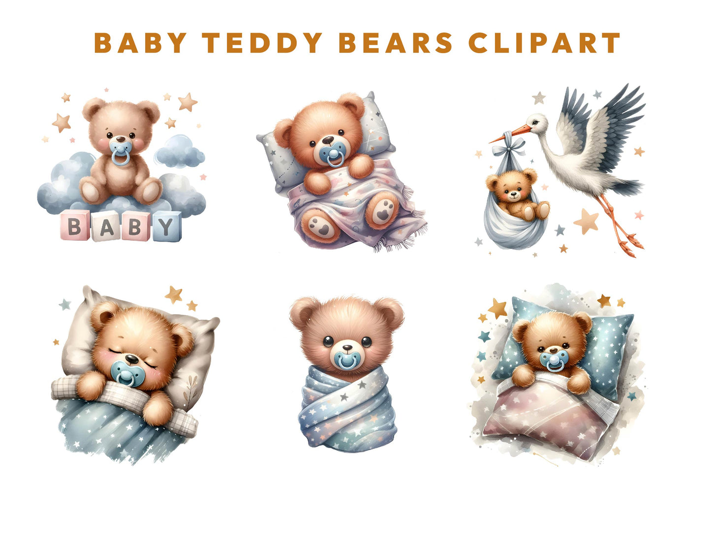 10 Watercolor Birthday Baby Teddy Bear Clipart PNG Bundle 300dpi, Boho Teddy Bear Clipart, Cute Bear Sublimation Design, Instant Download