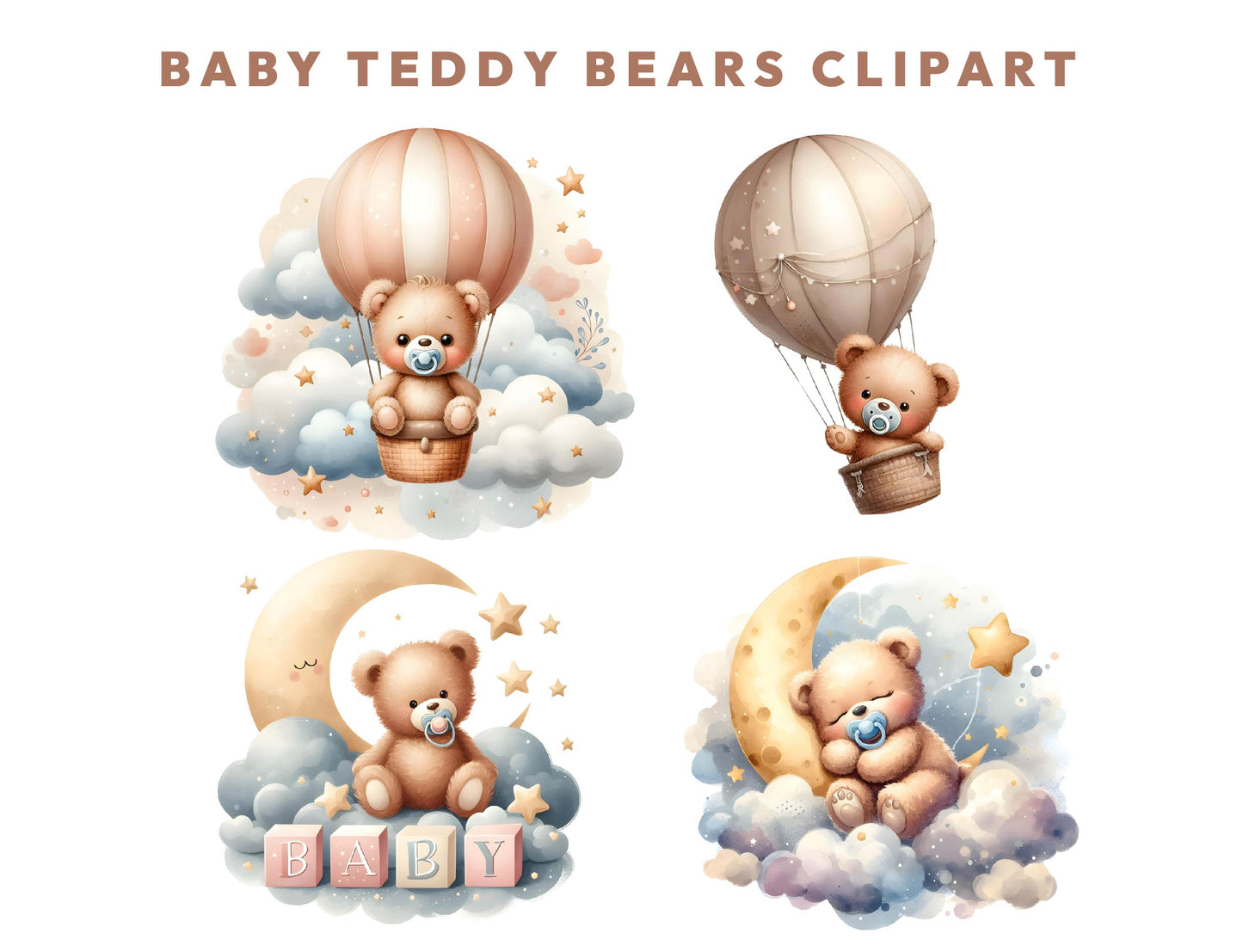 10 Watercolor Birthday Baby Teddy Bear Clipart PNG Bundle 300dpi, Boho Teddy Bear Clipart, Cute Bear Sublimation Design, Instant Download