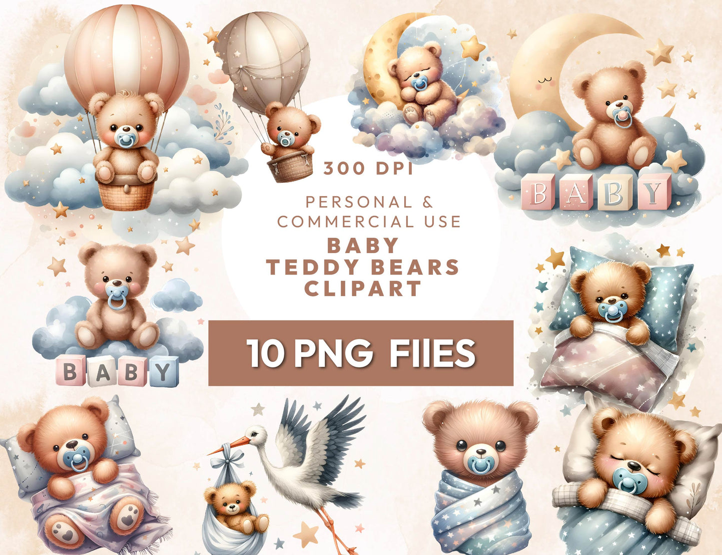 10 Watercolor Birthday Baby Teddy Bear Clipart PNG Bundle 300dpi, Boho Teddy Bear Clipart, Cute Bear Sublimation Design, Instant Download