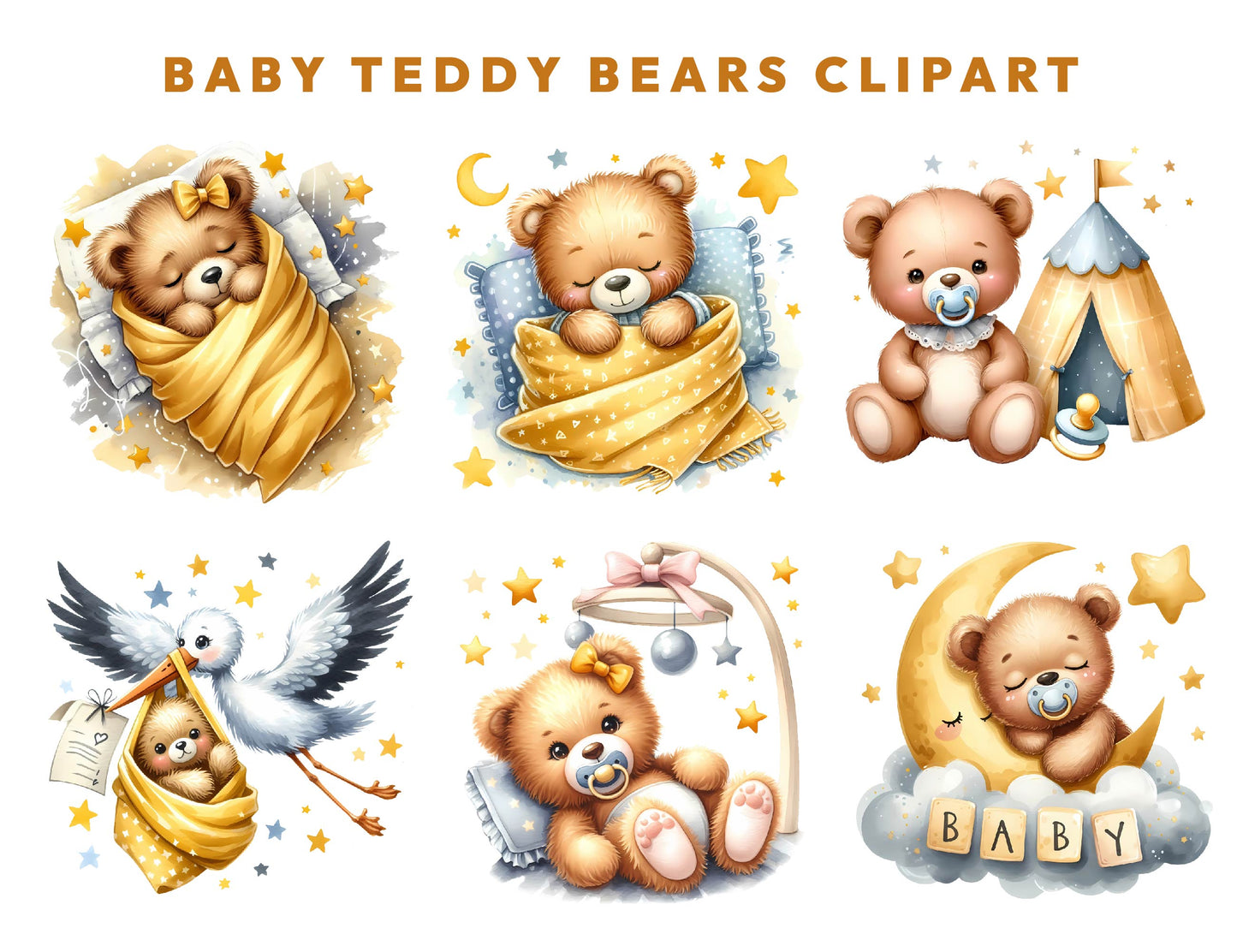 10 Watercolor Golden Birthday Baby Teddy Bear Clipart PNG Bundle 300dpi, Teddy Bear Clipart, Cute Bear Sublimation Design, Instant Download