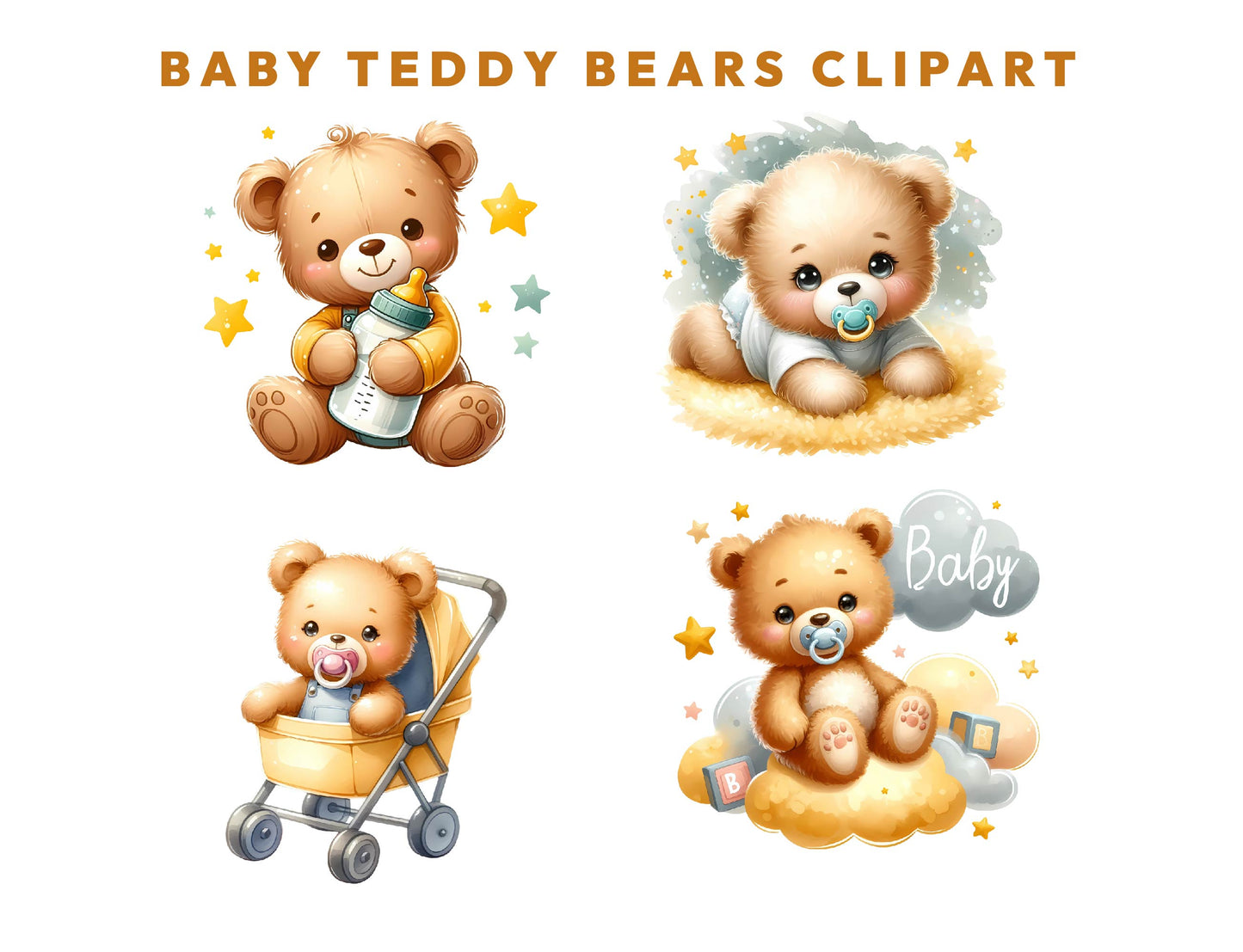 10 Watercolor Golden Birthday Baby Teddy Bear Clipart PNG Bundle 300dpi, Teddy Bear Clipart, Cute Bear Sublimation Design, Instant Download