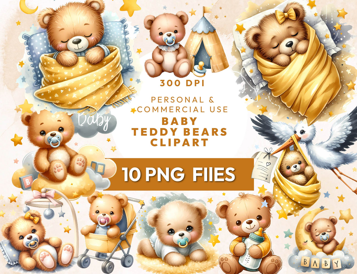 10 Watercolor Golden Birthday Baby Teddy Bear Clipart PNG Bundle 300dpi, Teddy Bear Clipart, Cute Bear Sublimation Design, Instant Download