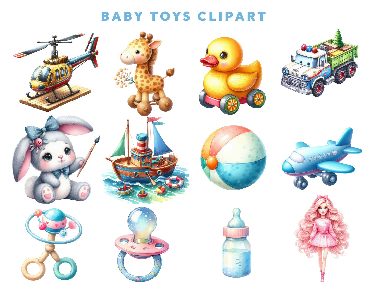 23 Baby Toys Clipart PNG Bundle, Wooden Blocks, Plush Bunny, Nursery Decor, Baby Shower Illustration, Sublimation Design, Instant Download