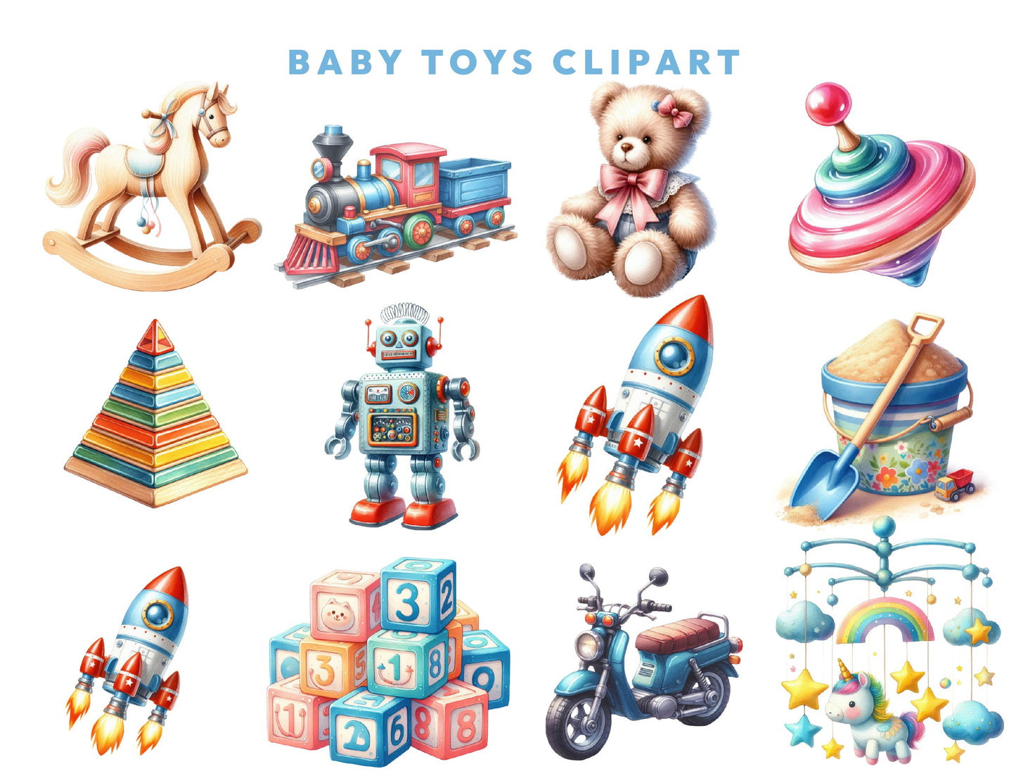 23 Baby Toys Clipart PNG Bundle, Wooden Blocks, Plush Bunny, Nursery Decor, Baby Shower Illustration, Sublimation Design, Instant Download