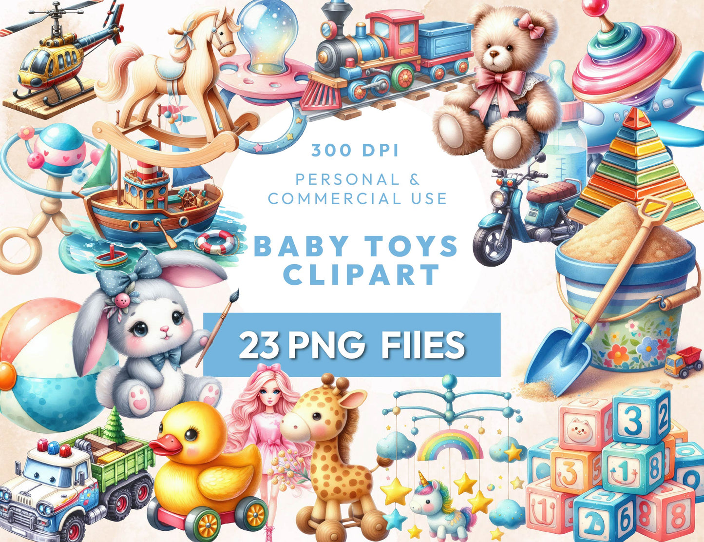 23 Baby Toys Clipart PNG Bundle, Wooden Blocks, Plush Bunny, Nursery Decor, Baby Shower Illustration, Sublimation Design, Instant Download