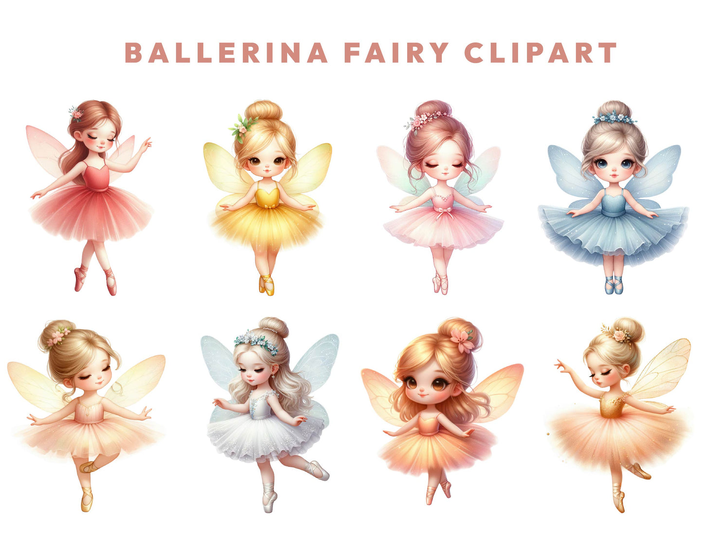 16 Fairy Ballerina Clipart Bundle, Pastel Watercolor Fairies ClipArt, Magic Fairytale, Digital Scrapbook, Transparent PNGs, Instant Download