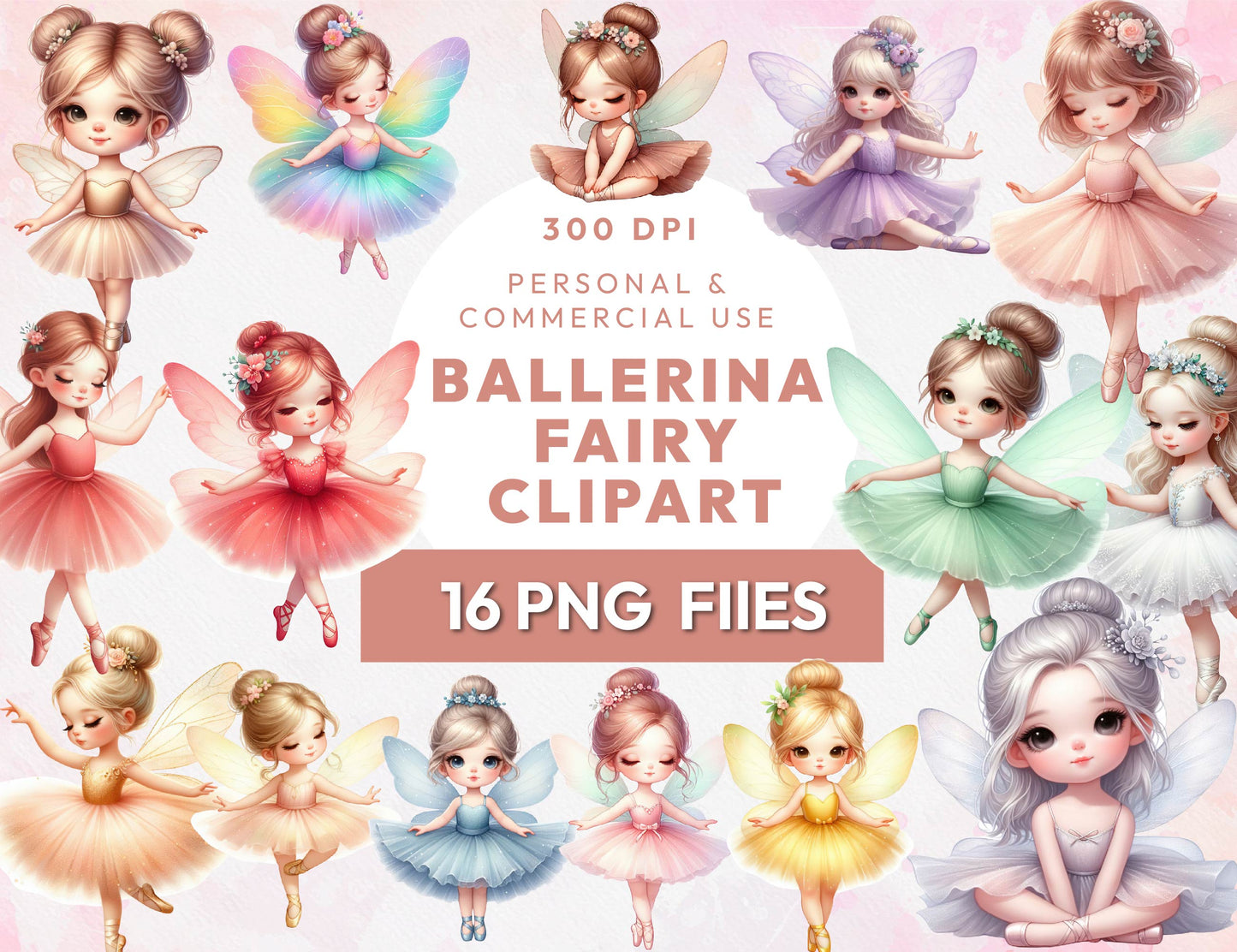 16 Fairy Ballerina Clipart Bundle, Pastel Watercolor Fairies ClipArt, Magic Fairytale, Digital Scrapbook, Transparent PNGs, Instant Download