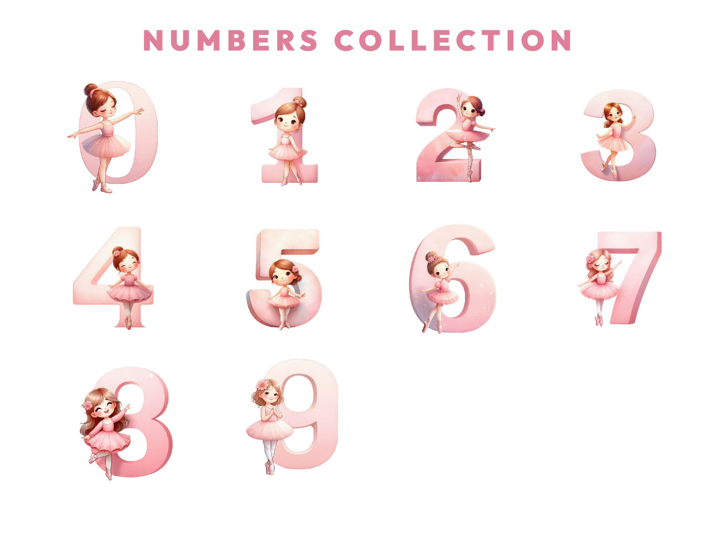 36 Ballerina Alphabets/Numbers Clipart, Watercolor Pink Alphabet Letters & Digits, Baby Girl, Transparent PNG, Cute Sublimation Designs