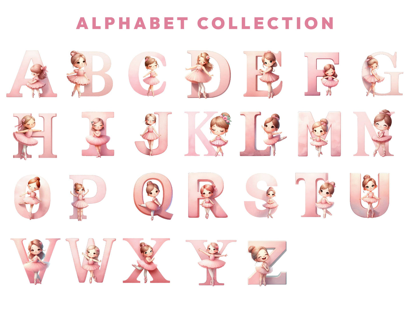 36 Ballerina Alphabets/Numbers Clipart, Watercolor Pink Alphabet Letters & Digits, Baby Girl, Transparent PNG, Cute Sublimation Designs