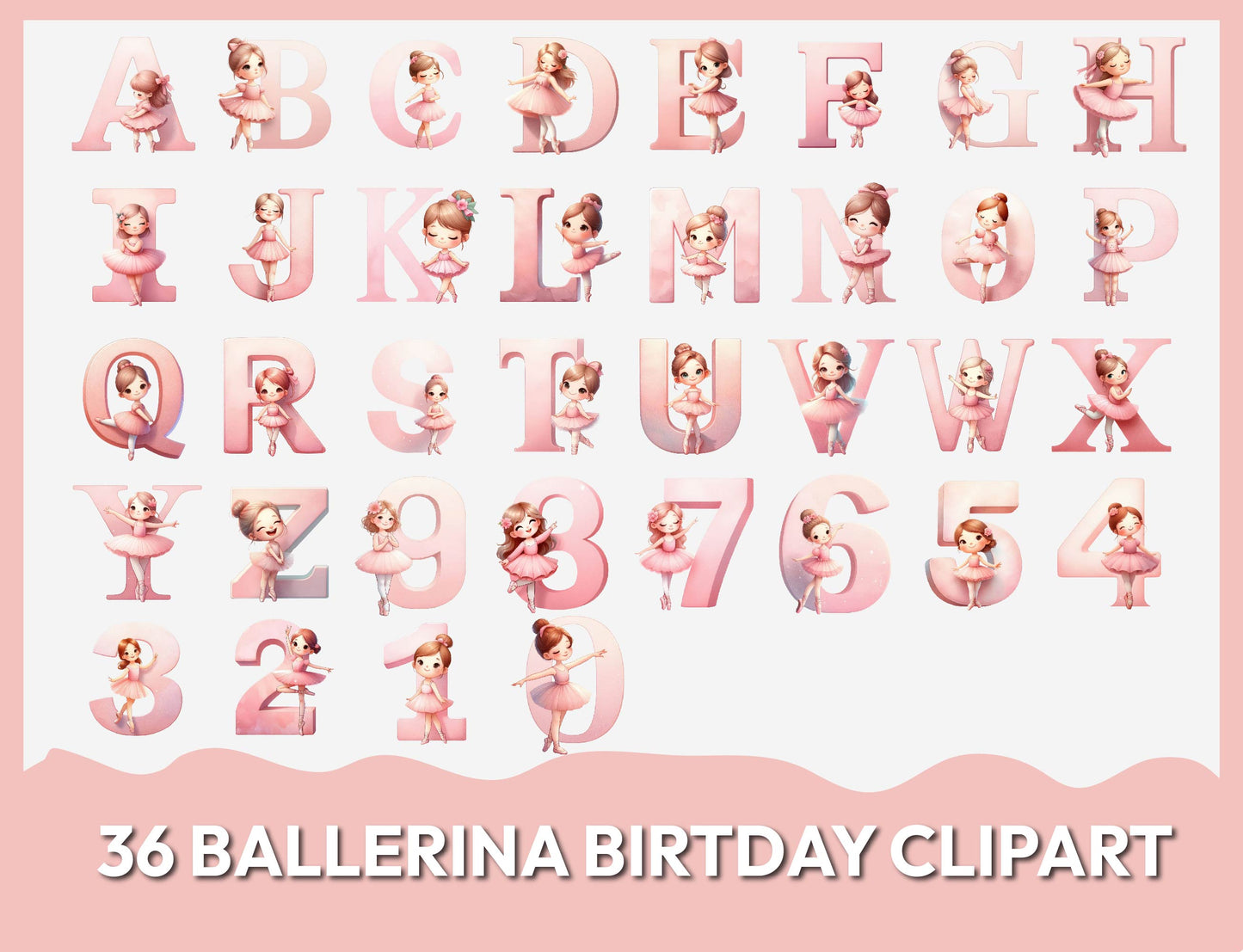 36 Ballerina Alphabets/Numbers Clipart, Watercolor Pink Alphabet Letters & Digits, Baby Girl, Transparent PNG, Cute Sublimation Designs