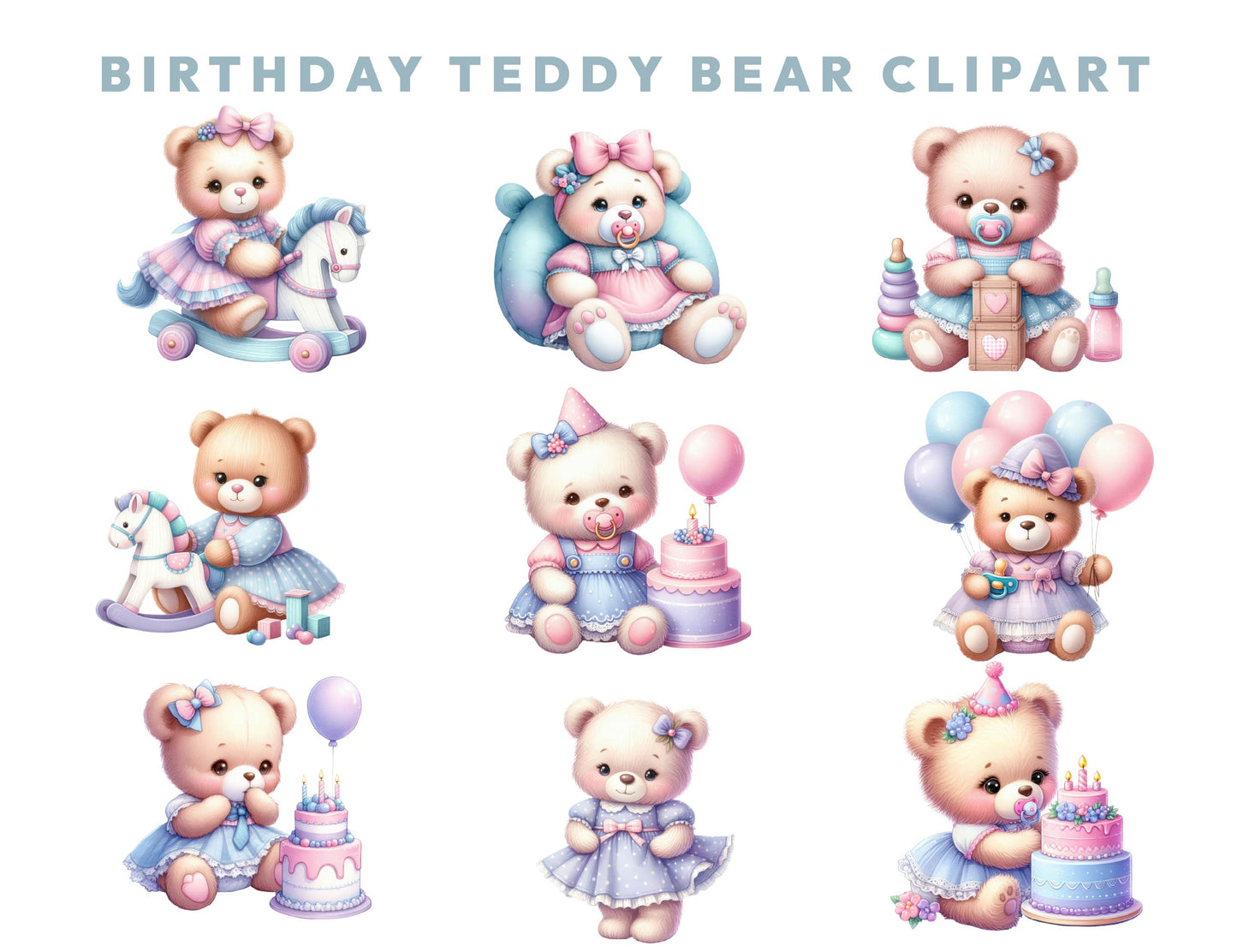 19 Cute Birthday Baby Teddy Bear Clipart Bundle, Baby Shower Clipart, Transparent PNG, Cute Bear Sublimation Design, Instant Download