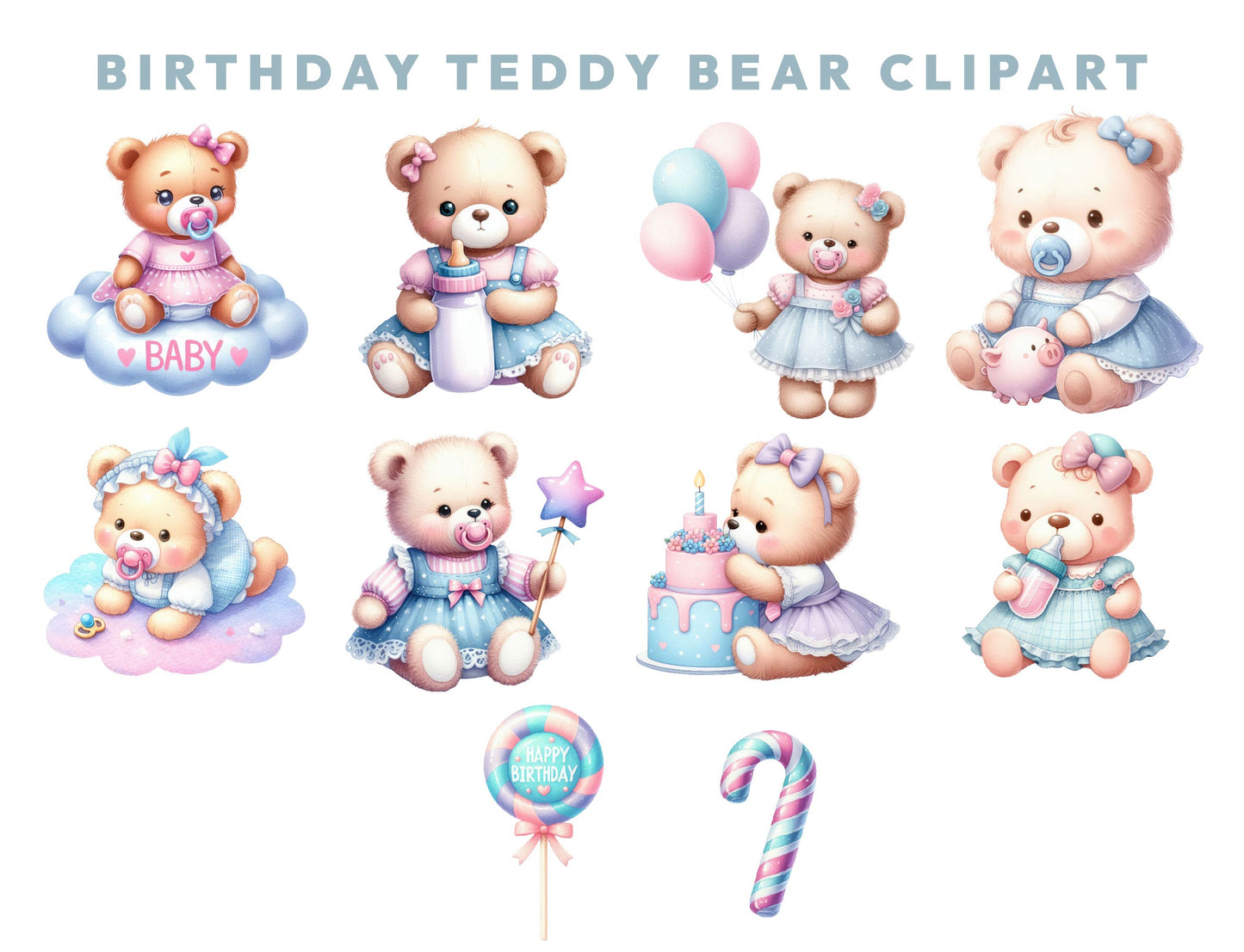 19 Cute Birthday Baby Teddy Bear Clipart Bundle, Baby Shower Clipart, Transparent PNG, Cute Bear Sublimation Design, Instant Download