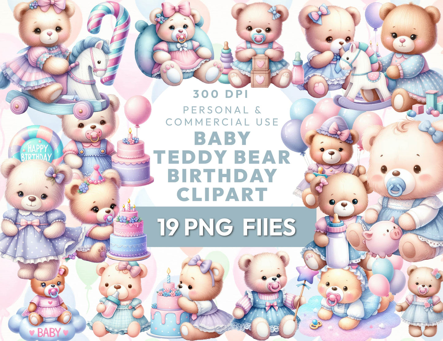 19 Cute Birthday Baby Teddy Bear Clipart Bundle, Baby Shower Clipart, Transparent PNG, Cute Bear Sublimation Design, Instant Download