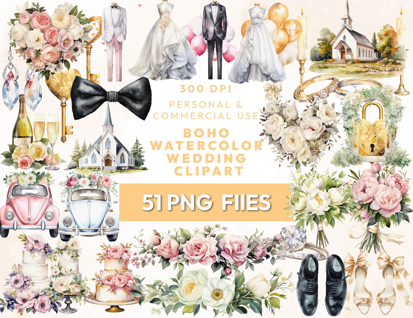 51 Watercolor Boho Wedding Clipart Bundle, Floral Wedding, Rustic Wedding, Wedding Arches, Wedding Flower Bouquets PNG, Instant Download