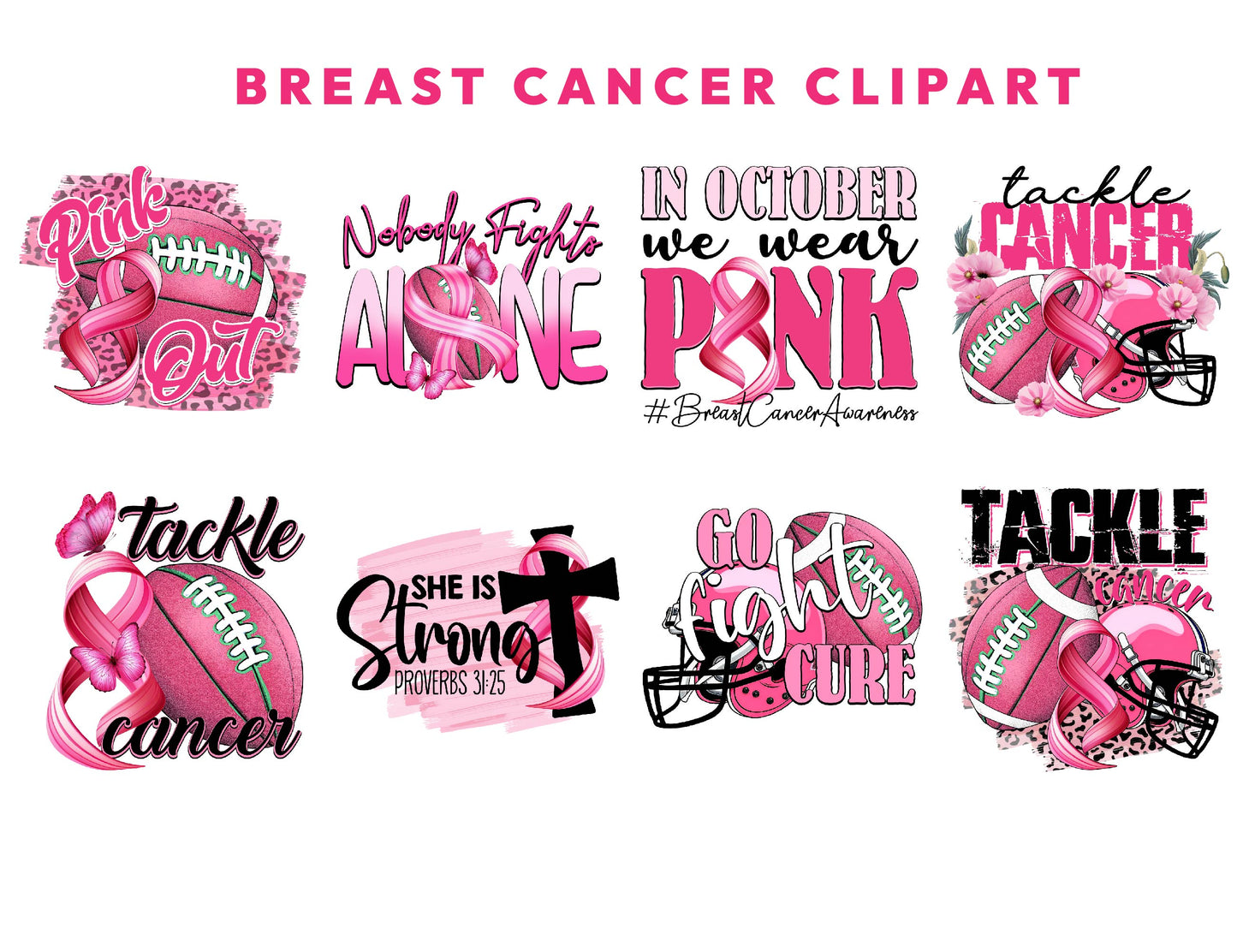 8 Watercolor Pink Breast Cancer Clipart Bundle, October Month PNG, Cancer Awareness, Transparent PNG, Sublimation Design, Instant Download