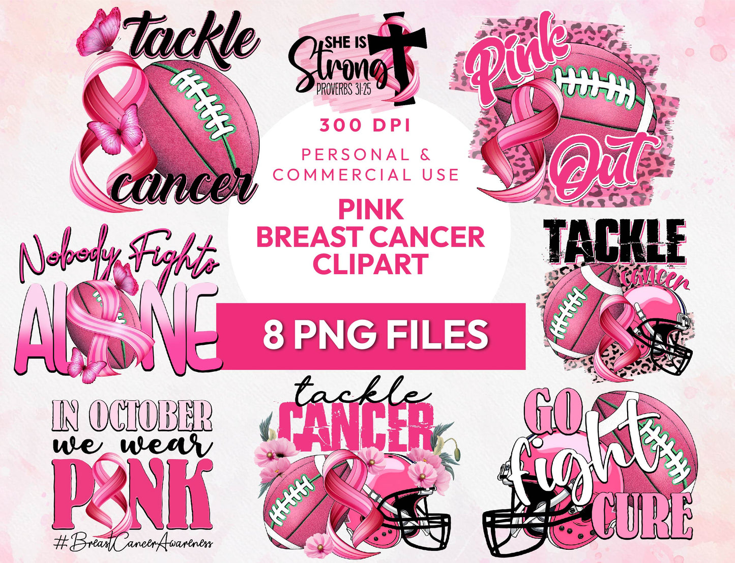 8 Watercolor Pink Breast Cancer Clipart Bundle, October Month PNG, Cancer Awareness, Transparent PNG, Sublimation Design, Instant Download