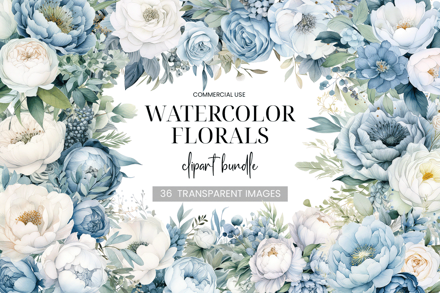 36 Watercolor Floral Clipart Bundle Dusty Blue White Flower Bouquet Transparent PNG, Watercolor Clip Art For Commercial Use Instant Download