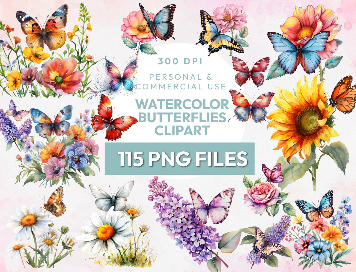 115 Watercolor Butterflies Clipart Bundle, Colorful Butterfly PNG Pack, Transparent PNG 300Dpi, Insect, Sublimation Desing, Instant Download