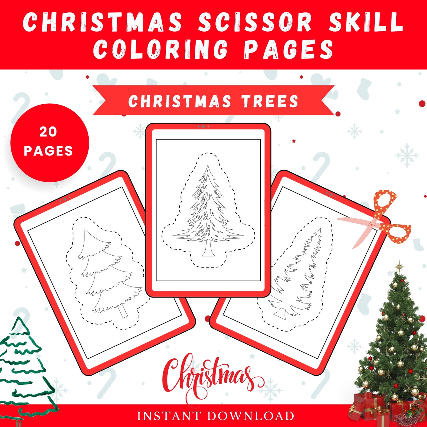 Christmas Scissor Skill Coloring Book for Kids | Christmas Tree Coloring Pages | Instant Downlaod