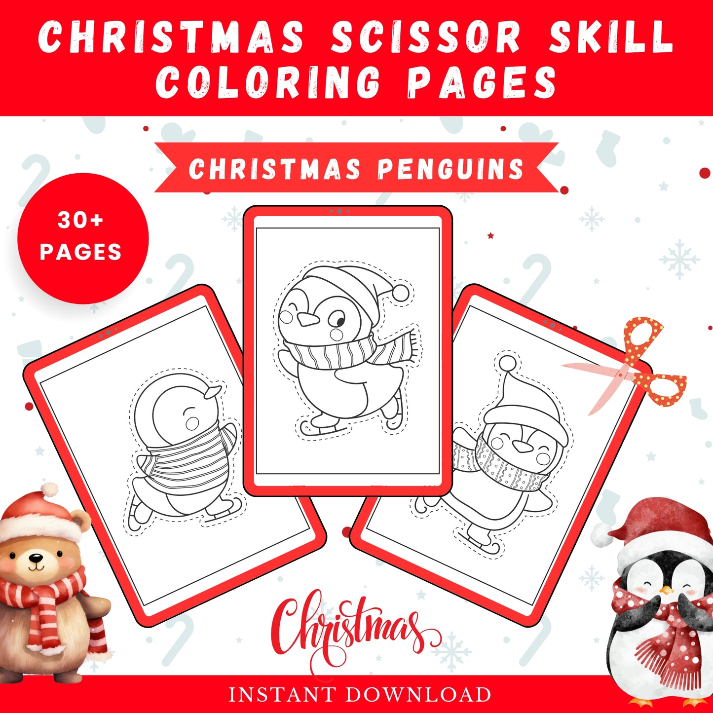 Christmas Scissor Skill Coloring Book for Kids | Christmas Penguins Coloring Pages | Instant Downlaod