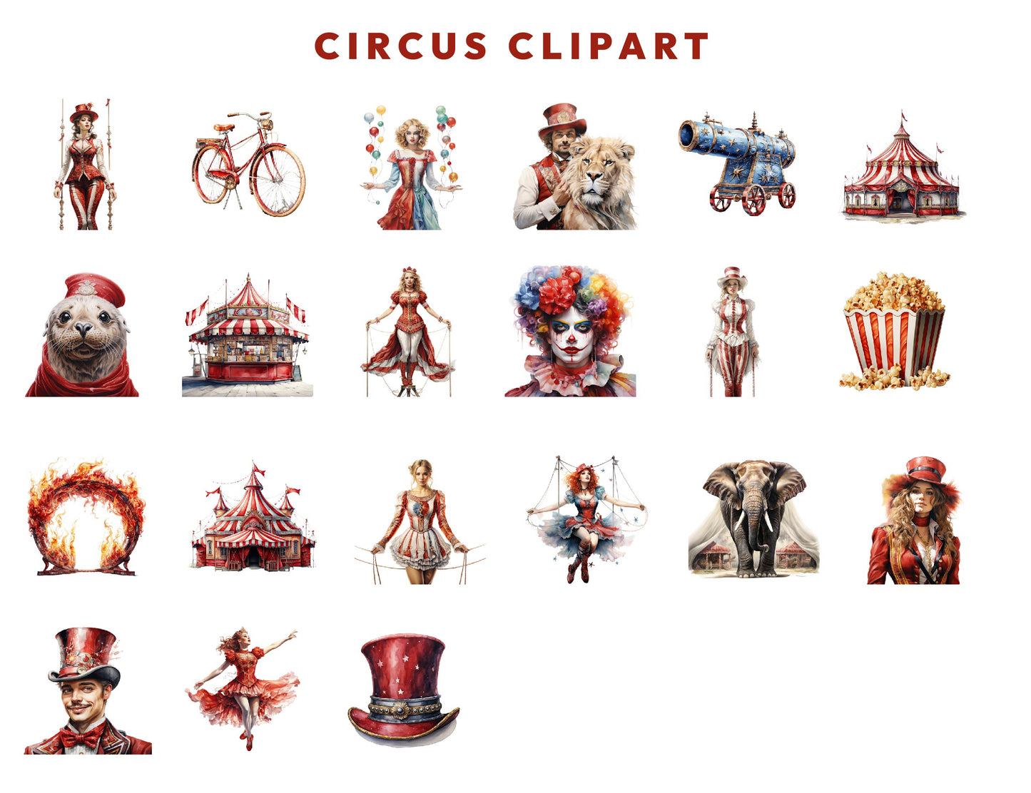 21 Watercolor Red Circus Clipart PNG Bundle, Carnival Clipart, Circus Tent, Elephant, Clown, Lion, Baby Shower Clipart, Instant Download