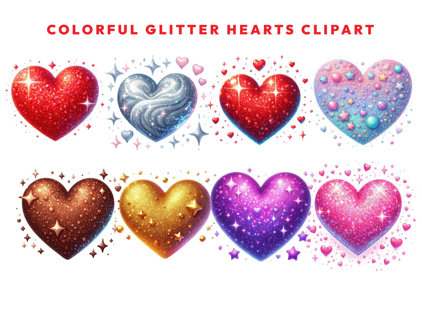 16 Colorful Glitter Hearts Clipart Bundle, Sparkling Rainbow Hearts, Transparent PNG Files, Digital Clipart, Instant Download Commercial Use