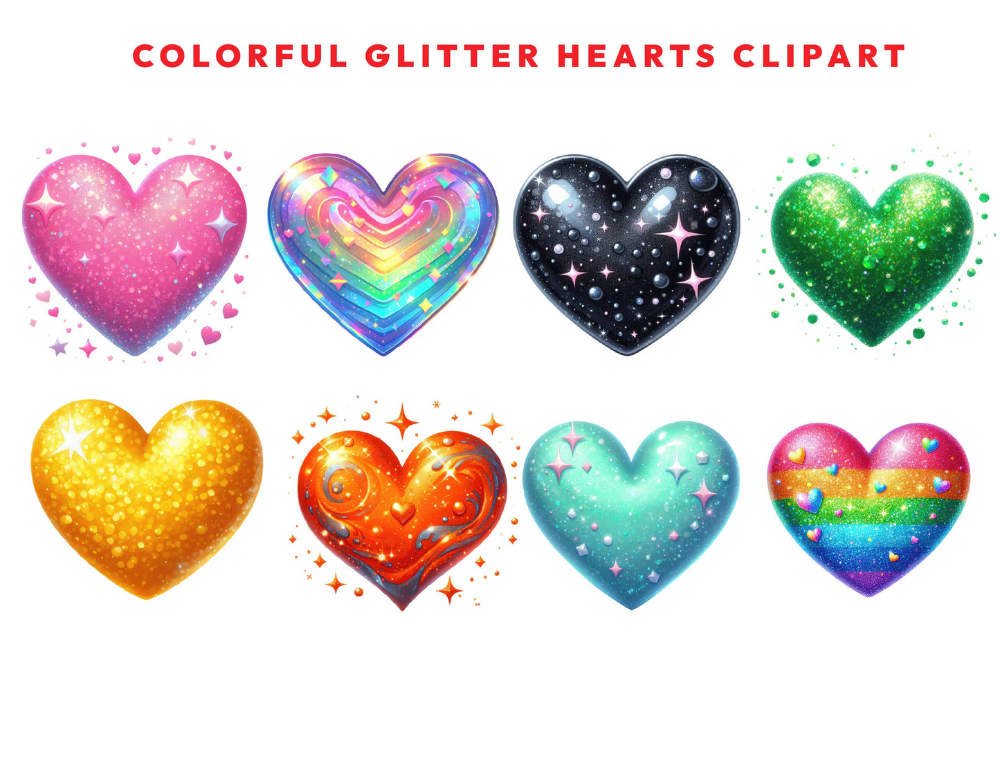 16 Colorful Glitter Hearts Clipart Bundle, Sparkling Rainbow Hearts, Transparent PNG Files, Digital Clipart, Instant Download Commercial Use