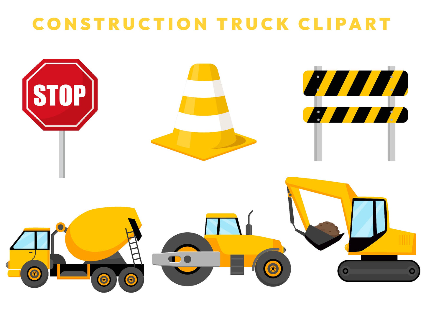 10 Construction Trucks Clipart Bundle, Construction Vehicles, Bulldozer, Cement Truck, Excavator, Nursery Digital Prints, Instant Download