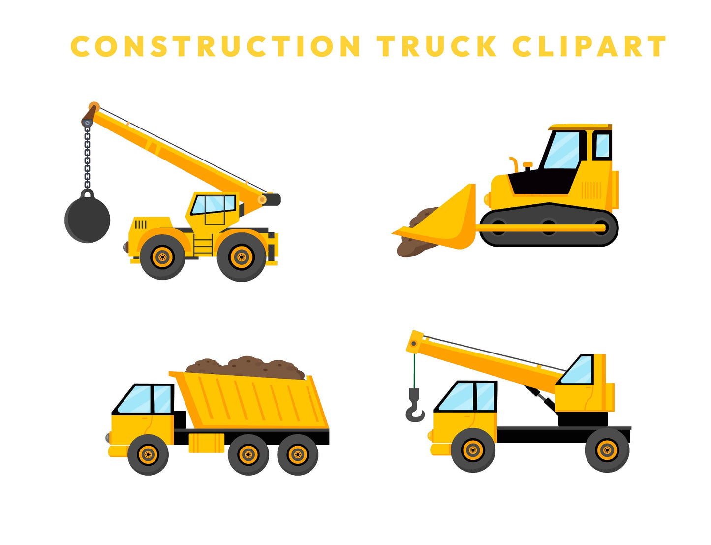 10 Construction Trucks Clipart Bundle, Construction Vehicles, Bulldozer, Cement Truck, Excavator, Nursery Digital Prints, Instant Download