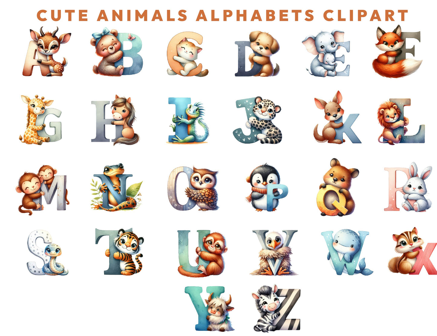 Cute Watercolor Baby Animals Alphabet Letters Clipart Bundle, Animals A To Z, Doodle Letters, Woodland Animals, Numbers, Sublimation Design