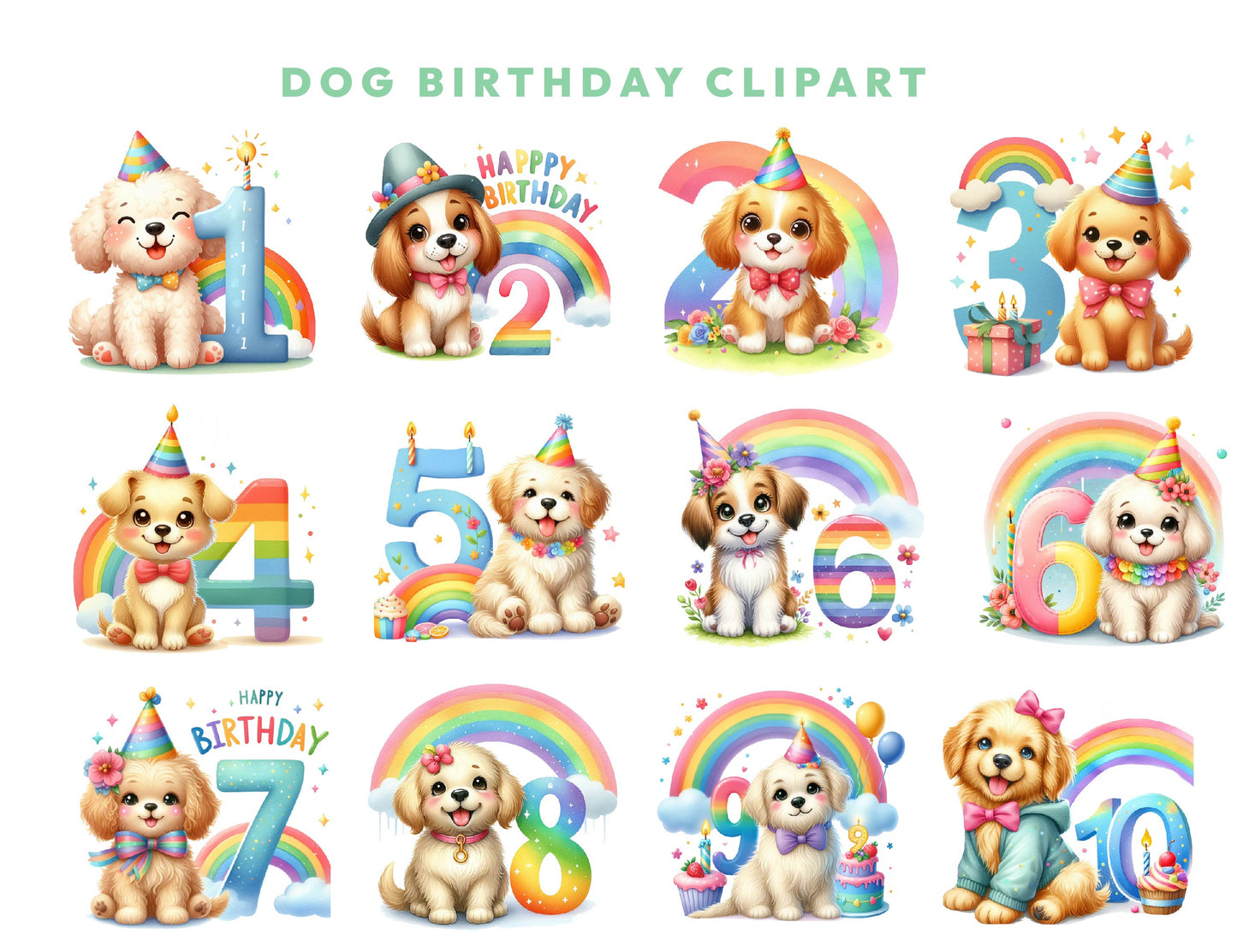 12 Watercolor Dog Happy Birthday Number Clipart Bundle, Birthday Party Clipart, Colorful Dogs Clipart Transparent PNG 300dpi Instant Download
