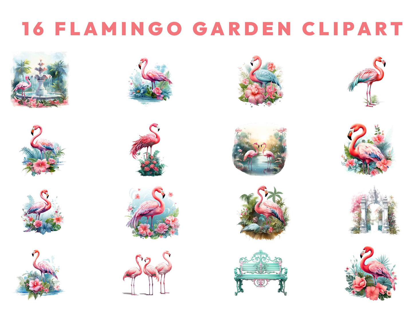 16 Watercolor Flamingos Garden Clipart Bundle, Transparent PNG, Flamingo Images, Floral Tropical Birds Graphics, Instant Digital Download