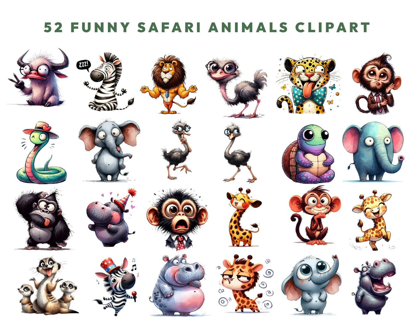52 Funny Safari Animals Clipart, Jungle Animals PNG, Quirky Watercolor Africa Animals PNG, Whimsical Sublimation Design, Instant Download