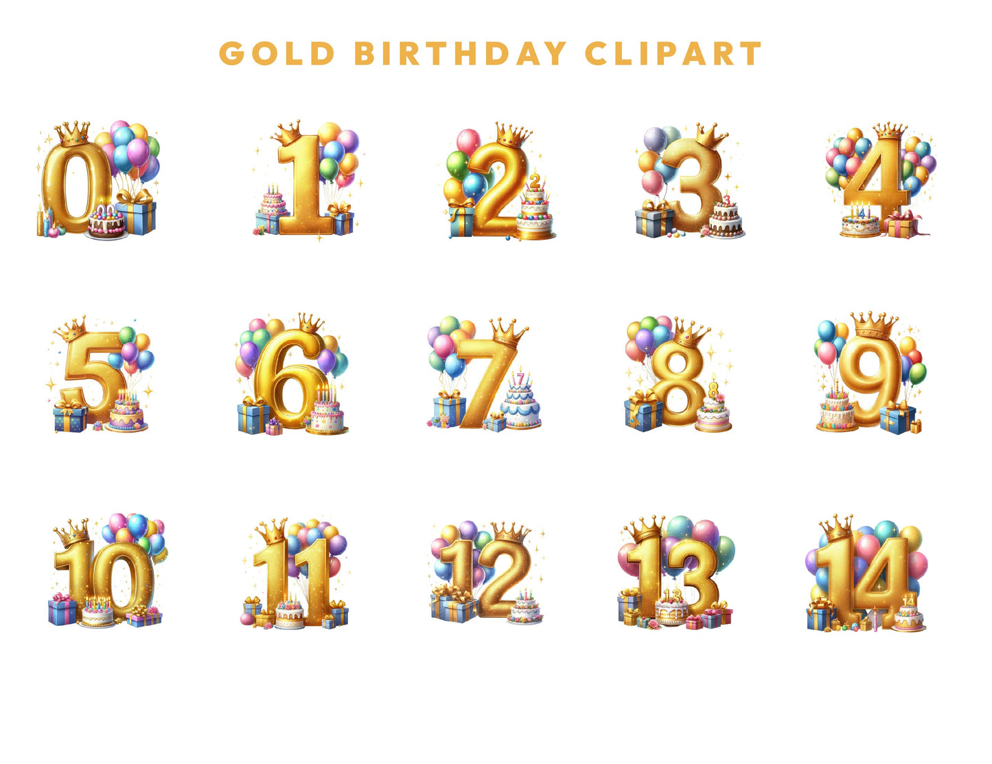 15 Gold Foil Balloons Clipart, Foil Balloon Birthday Number PNG’s for Junk Journal, Paper Crafts, Scrapbook, Gift Card, Commercial Use