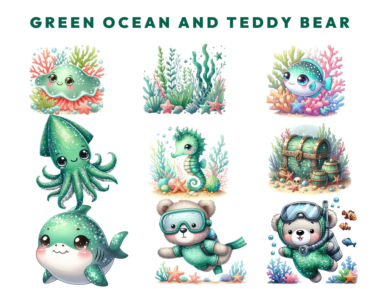 17 Green Ocean and Teddy Bear Clipart Bundle, Ocean Animals PNG, Marine Life Sea Turtle Octopus Mermaid Dolphin Sublimation Digital Download
