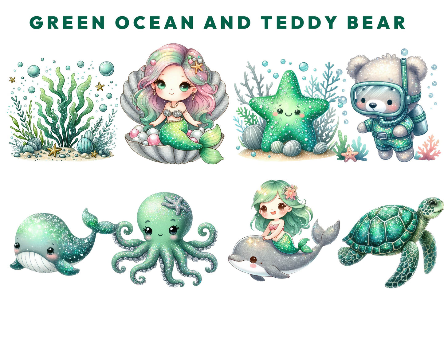 17 Green Ocean and Teddy Bear Clipart Bundle, Ocean Animals PNG, Marine Life Sea Turtle Octopus Mermaid Dolphin Sublimation Digital Download