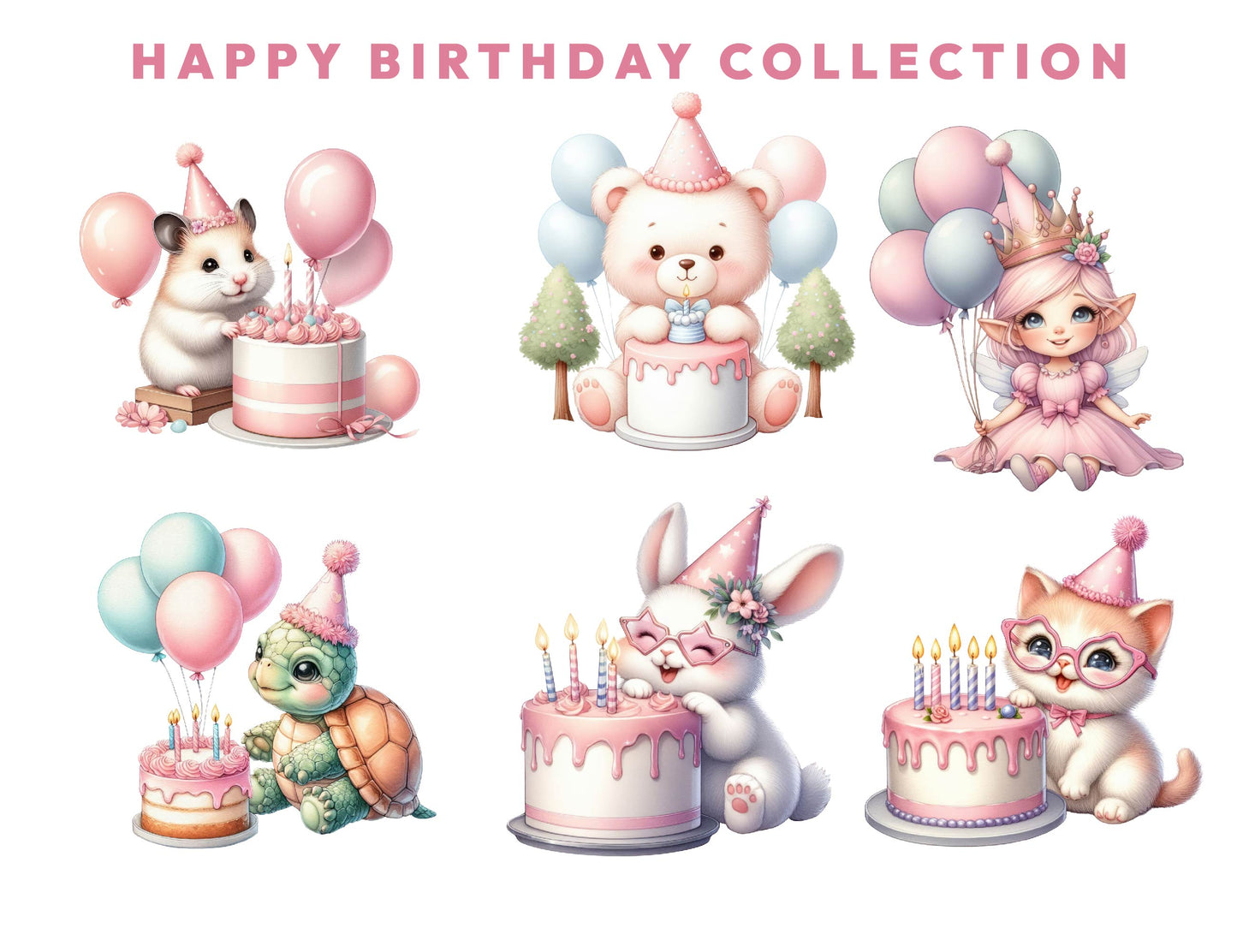 12 Cute Pastel Happy Birthday Clipart Bundle, Fairies PNG, Magical Party, Mystical Sublimation, Fairytale, Fantasy Clipart, Instant Download