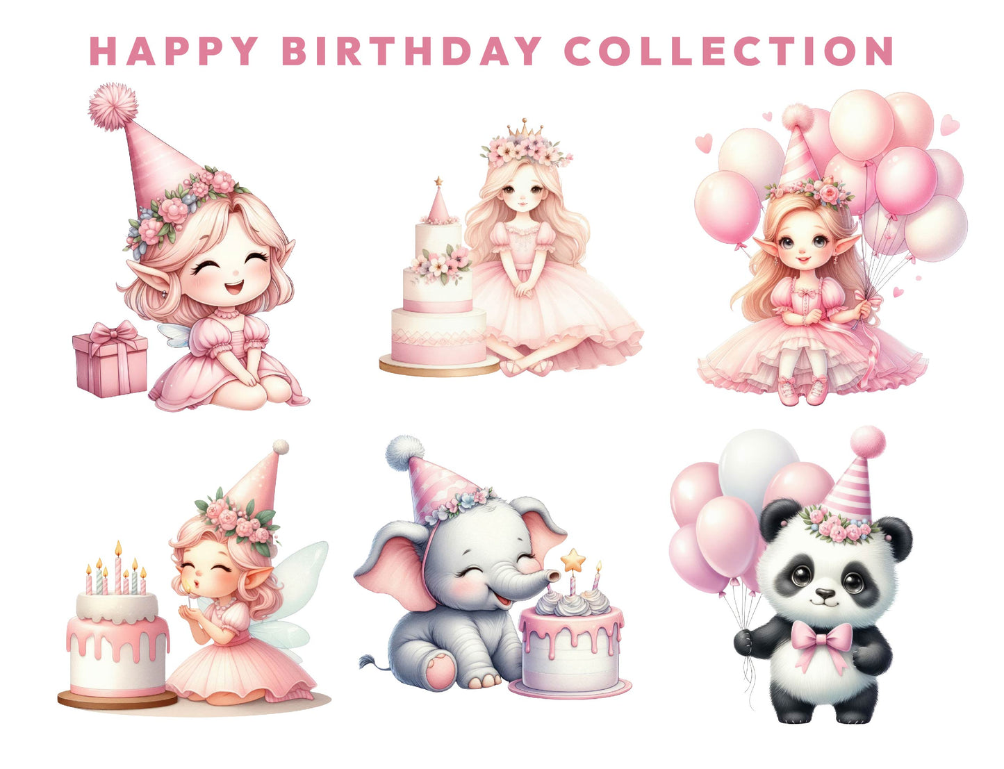12 Cute Pastel Happy Birthday Clipart Bundle, Fairies PNG, Magical Party, Mystical Sublimation, Fairytale, Fantasy Clipart, Instant Download