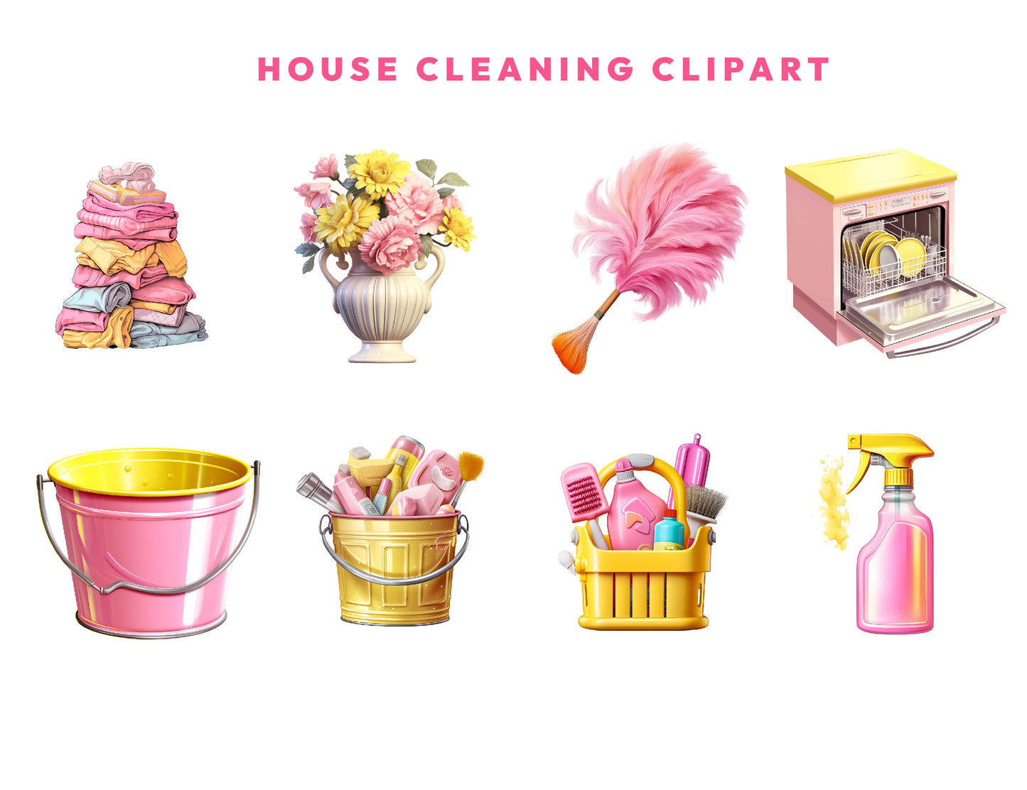 19 House Cleaning Clipart Bundle, Pink Yellow Cute Housekeeping Clipart, Watercolor Cleaning Supplies, Laundry Clipart, Cleaning Service PNG