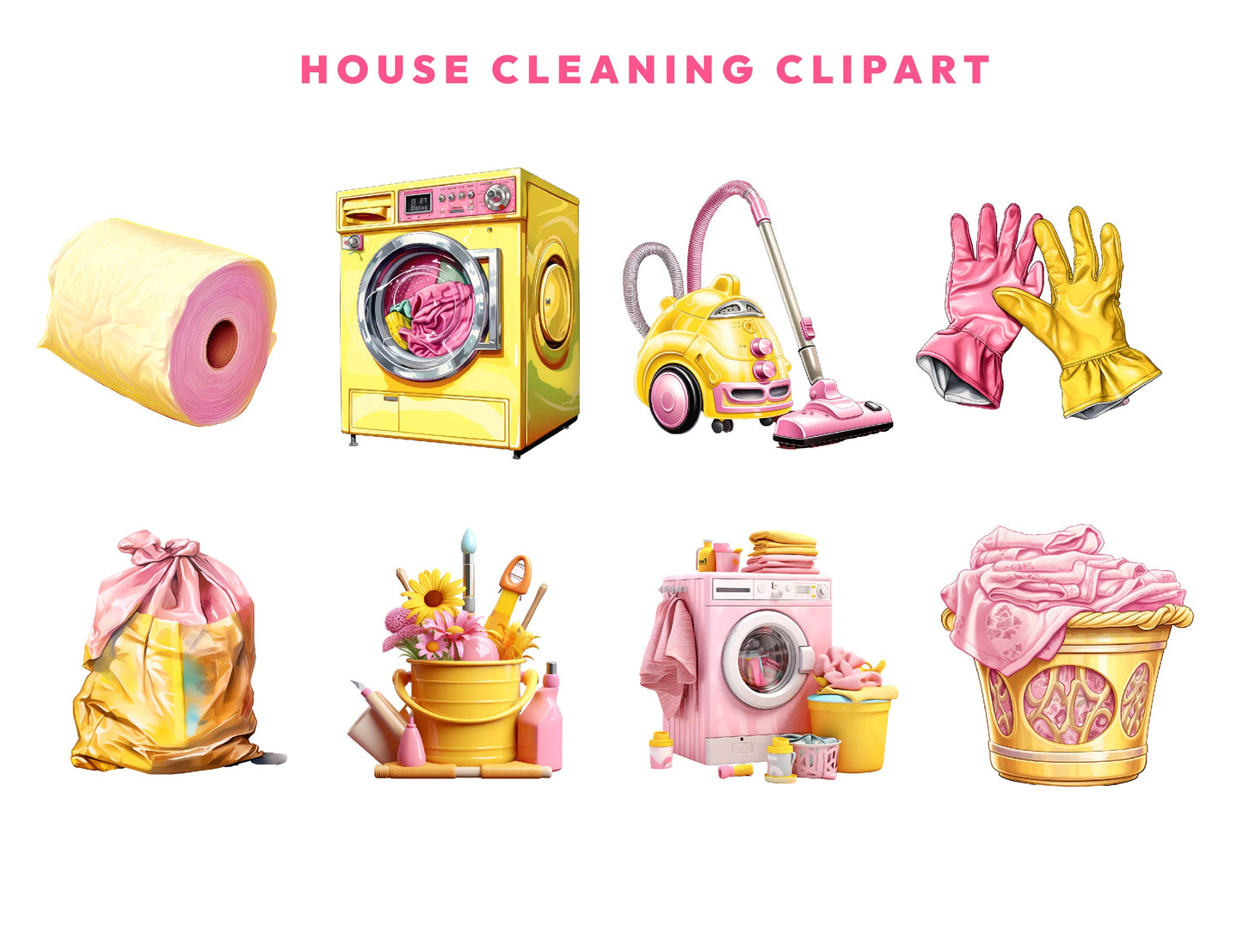 19 House Cleaning Clipart Bundle, Pink Yellow Cute Housekeeping Clipart, Watercolor Cleaning Supplies, Laundry Clipart, Cleaning Service PNG