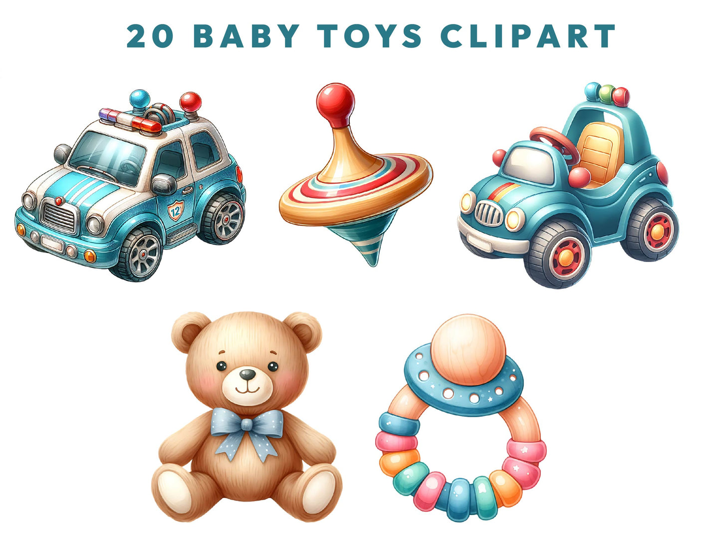 20 Watercolor Baby Toys Clipart SVG and PNG Bundle, Wooden Blocks, Plush Bunny, Nursery Decor, Baby Shower Illustrations Sublimation Designs