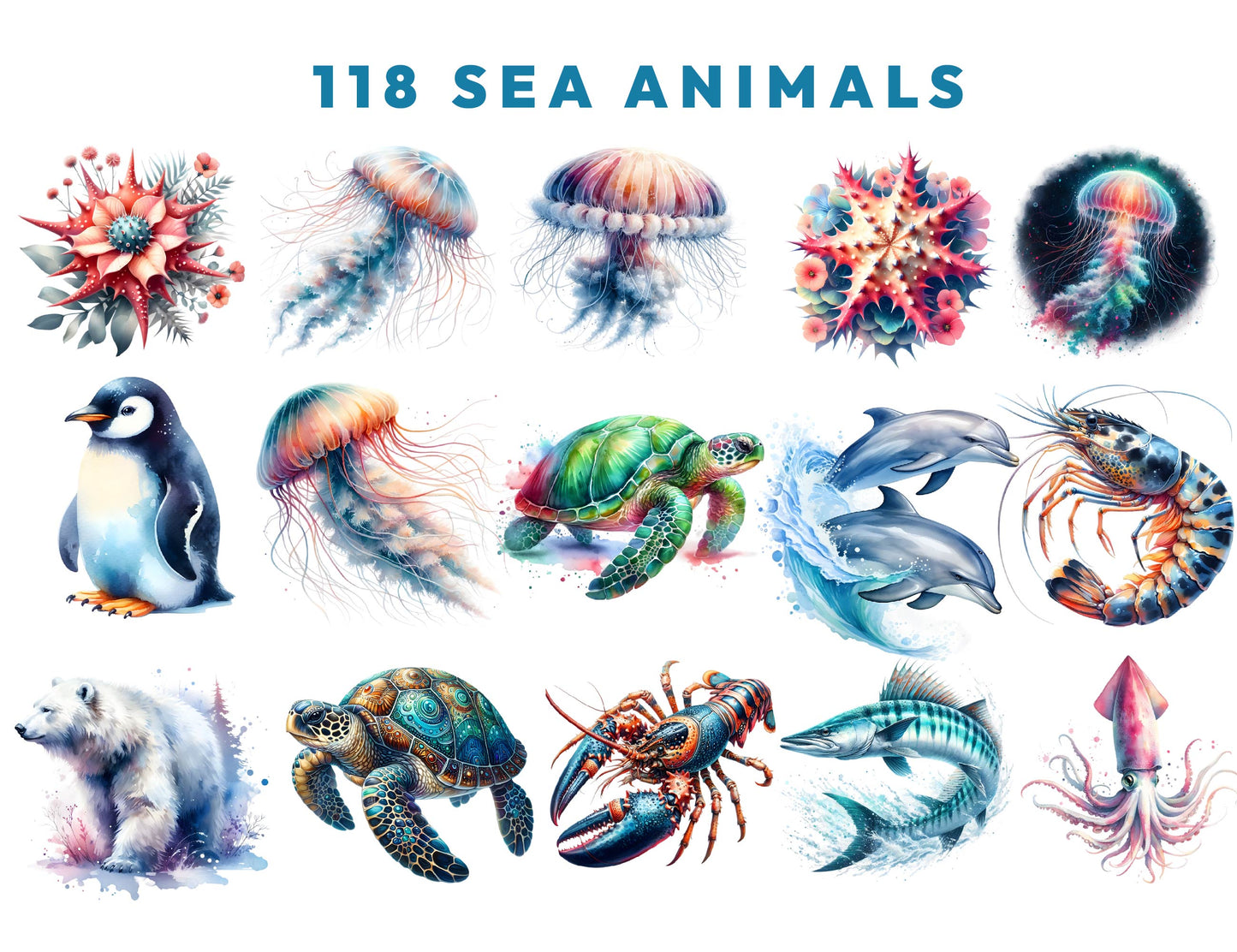 118 Cute Under The Sea Watercolor Animals Clipart PNG Bundle, Sea Animals Clipart, Sea Life, Instant Download 300dpi Images, Commercial use