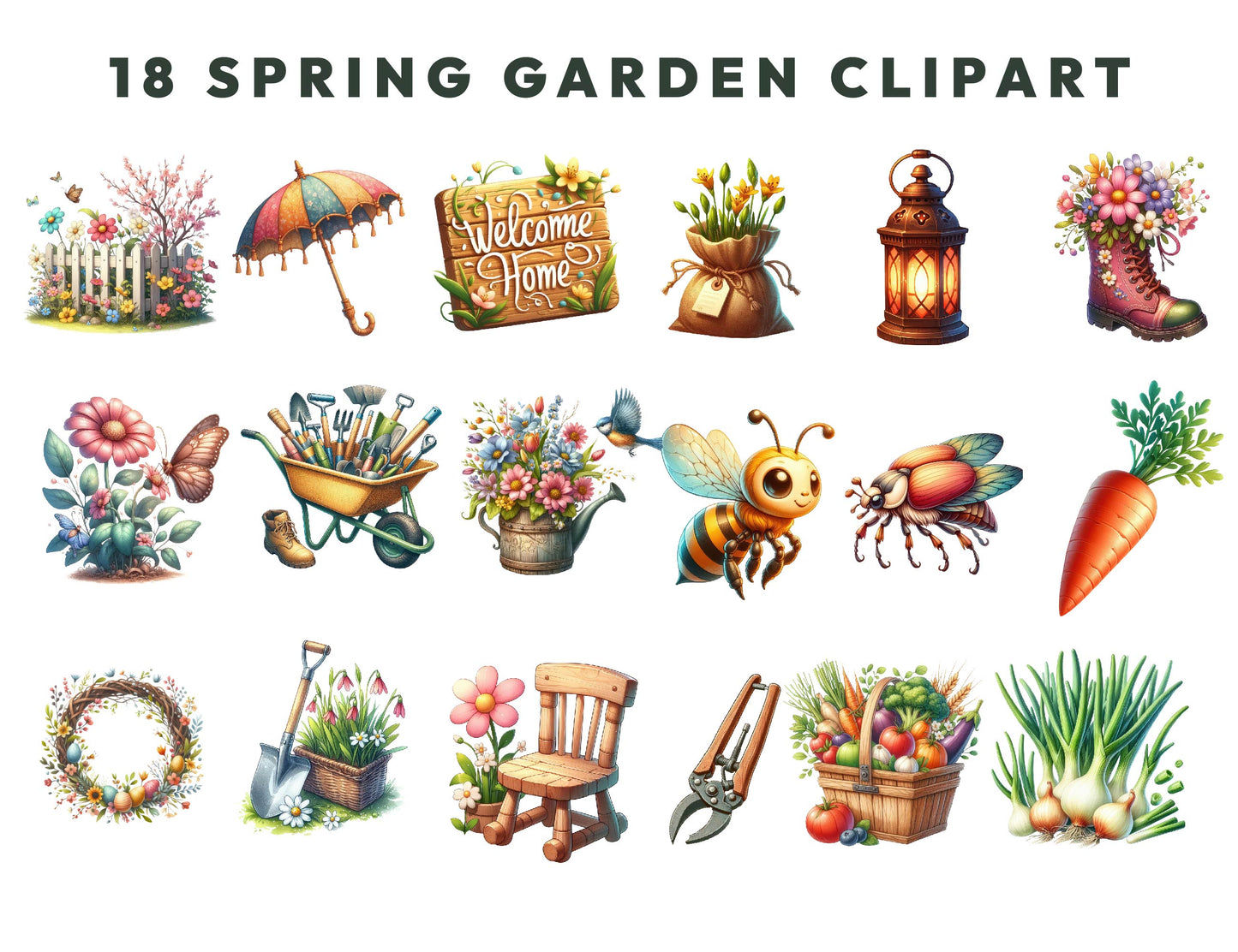 18 Watercolor Spring Garden Clipart Bundle, Spring Garden Illustrations, Farm Transparent PNG 300dpi, Vegetables PNG, Instant Download